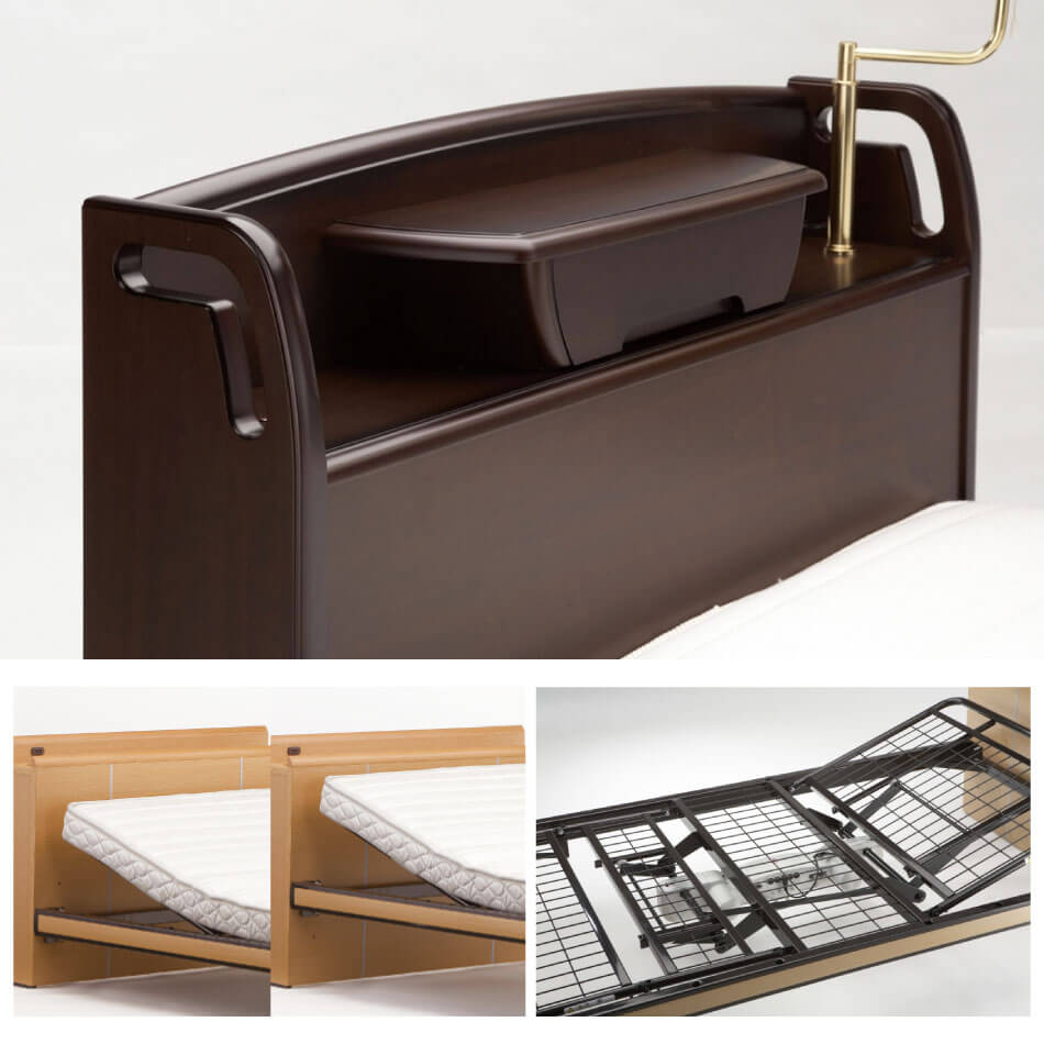 使う人のことを考えたグリップ機能と、便利な小引き出しが付いたヘッドボード。世界的に信頼性の高い、ドイツ・デバート社製モーターを使用。