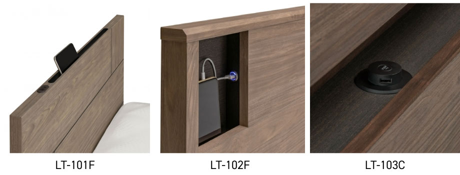 ヘッドボードにスマートフォン収納スペースを装備。充電ができるコンセント、またはUSBコネクタ付き。