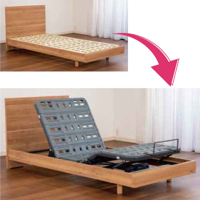 木製フレームの床板を外して電動ユニットを載せるだけで電動ベッドになります。