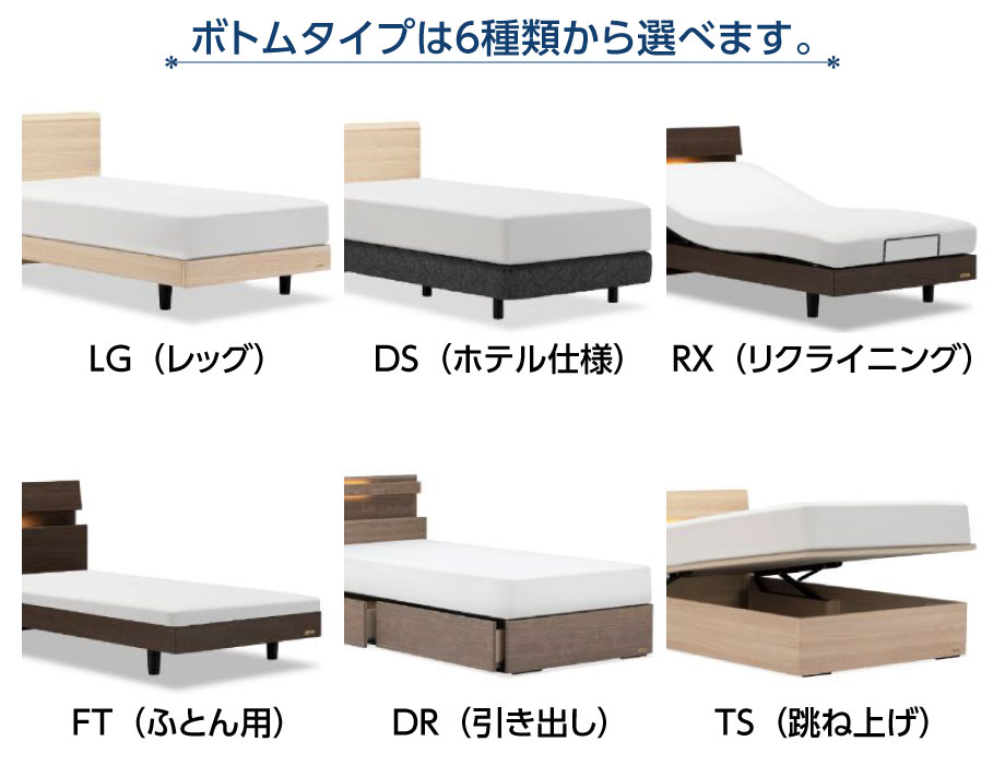 ボトムはレッグ、ダブルクッション、リクライニング、引き出し、跳ね上げ、ふとんタイプから選べます。