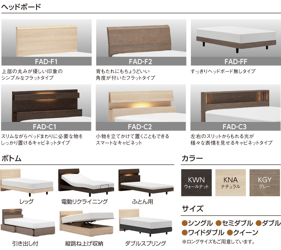 ヘッドボードのデザインとボトムタイプはそれぞれ6種類から、色は3種類、サイズは5種類から選べます。