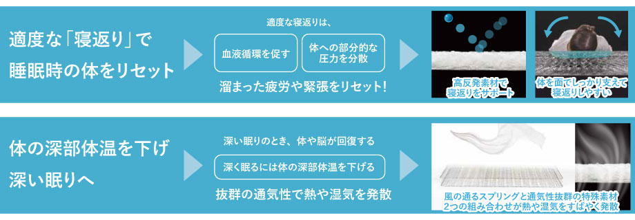 適度な寝返りで睡眠時の体をリセット。体の深部体温を下げて深い眠りへ。
