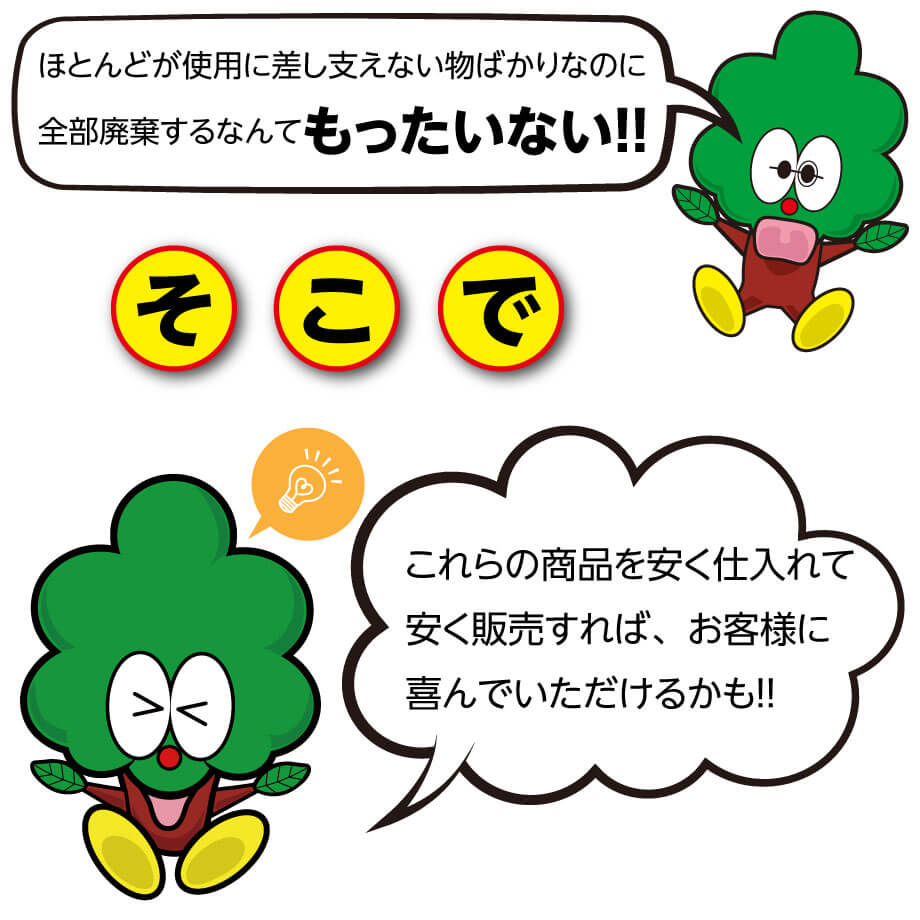 使用に差し支えない物ばかりなのに廃棄するのはもったいない！そこで、それらの商品を安く仕入れて安く販売しよう！と始まりました。